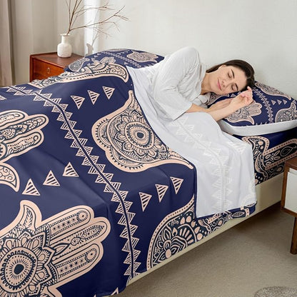 Hamsa Hand Kids Sheet Queen Size,Boho Lucky Hand of Fatima Bedding Set,Boys Girls Adults Room Decor,Mandala Flowers Geometric Abstract Blue Exotic Bed Sheet Set 4pcs(Fitted + Flat + 2 Pillowcases)