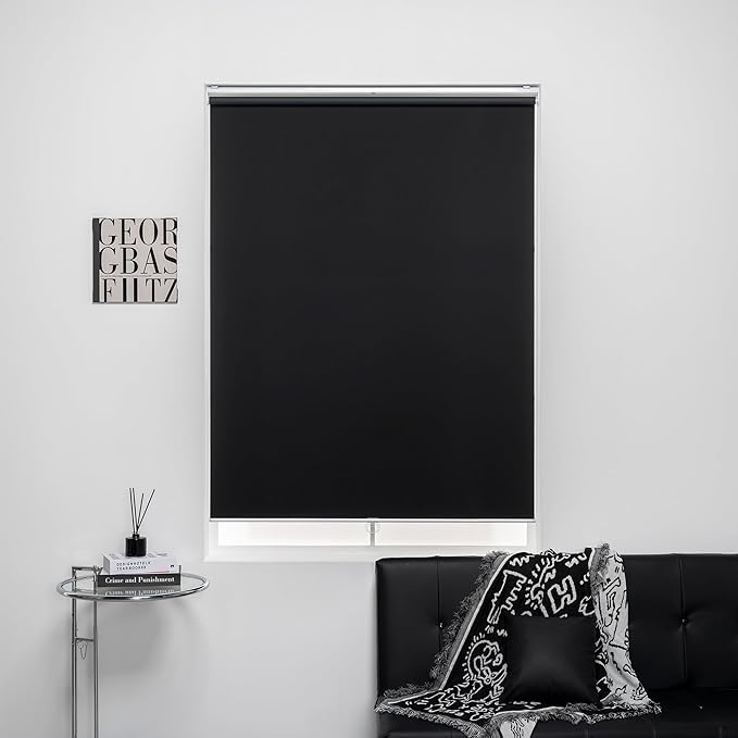 Cordless Roller Shades 100% Blackout Blinds for Windows and Doors, Pull Down Room Darkening Window Shades, Easy to Install for Home and Office, Black, Fixed 75 Inches High, 20 Inches Width