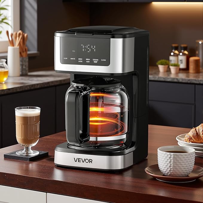 VEVOR Programmable Coffee Maker, 12 Cup Programmable Drip Coffee Makers with Touch Screen, 4-Hour Keep Warm Coffee Makers Drips, 2 Brew Strengths Drip Coffee Machine for Home, 24-Hour Programmable