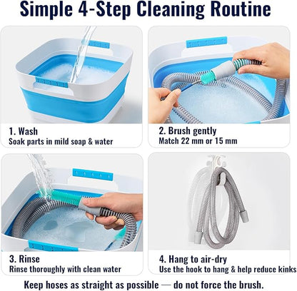 Complete CPAP Cleaning Kit with Dual-Ended 22mm & 15mm Hose Brush, Collapsible Wash Basin, 2 Detail Brushes, Hook & 210D Storage Bag for CPAP/BiPAP Tubing & Mask Care
