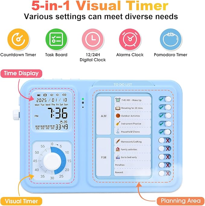 Eazy2hD Visual Timer for Kids and Adults, ADHD Tool for Kids with 60-Minute Countdown, Planning Board, Alarm Clock, Voice Command Task Timer for Chores, Classroom and Office Reminders, Visual Schedule