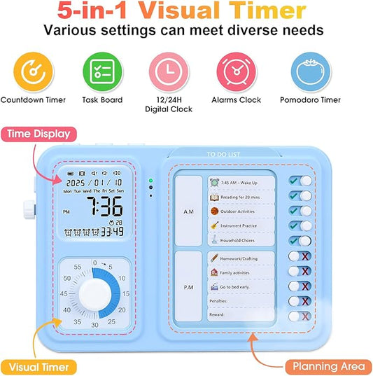 Eazy2hD Visual Timer for Kids and Adults, ADHD Tool for Kids with 60-Minute Countdown, Planning Board, Alarm Clock, Voice Command Task Timer for Chores, Classroom and Office Reminders, Visual Schedule