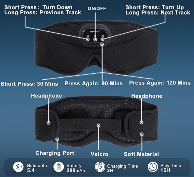 Bluetooth Sleep Mask with Smart Timing, 100% Blackout 3D Contoured Eye Mask for Sleeping & Music Auto Shut Off, Breathable No Pressure for Side Sleeper Travel Essential Gift for Women Men