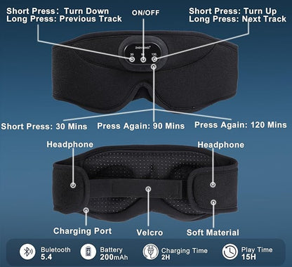Bluetooth Sleep Mask with Smart Timing, 100% Blackout 3D Contoured Eye Mask for Sleeping & Music Auto Shut Off, Breathable No Pressure for Side Sleeper Travel Essential Gift for Women Men