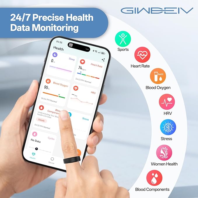 Smart Ring for Women Men, Health Fitness Tracker Ring with Heart Rate/Sleep Tracker/Blood Oxygen/HRV/Stress/Calorie/Steps, IP68 Waterproof for iOS & Android, No APP Fees(Silver,6#)