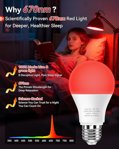 Neporal 7W 670nm Red Light Bulbs for Sleep, 100% Blue Light Blocking Red Night Light, Sleep Light for Melatonin Promoting, A19 60W Equivalent Dim Light Bulbs for Bedroom, Baby Nursery, Reading,4 Packs