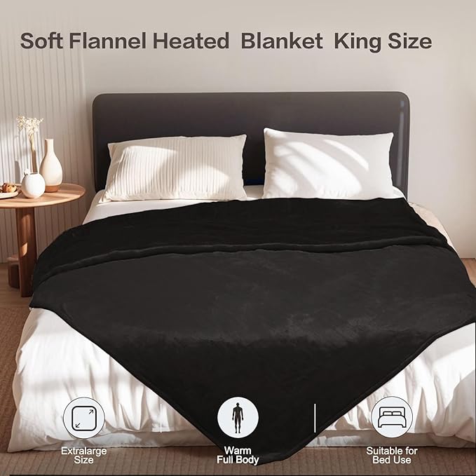 Tefici Electric Blanket King Size, Dual Control Super Cozy Soft 2-Layer Flannel 90" x100" Heated Blanket King Size with 3 Heat Levels & 8 Hours Auto Off,ETL&FCC Certified,Home Office Use,Black