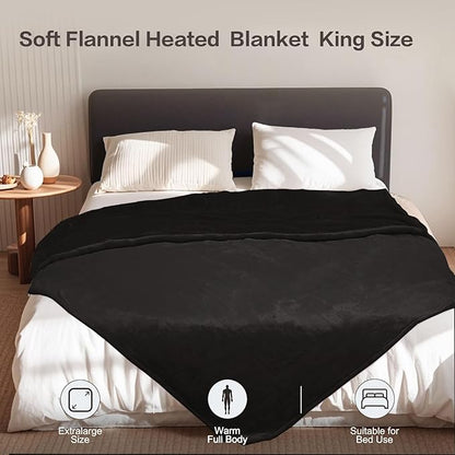 Tefici Electric Blanket King Size, Dual Control Super Cozy Soft 2-Layer Flannel 90" x100" Heated Blanket King Size with 3 Heat Levels & 8 Hours Auto Off,ETL&FCC Certified,Home Office Use,Black