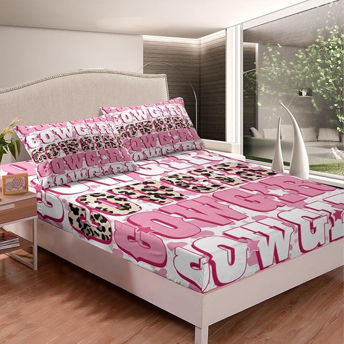 Manfei Cowgirl Bed Sheet Set 3 Pieces,Rustic Brown Leopard Fur Western Texas Star Microfiber Bedding Set Without Flat,Tribal Pink Cowhide Animal Fur Graffiti Fitted Sheet,2 Pillow Cases,Full Size