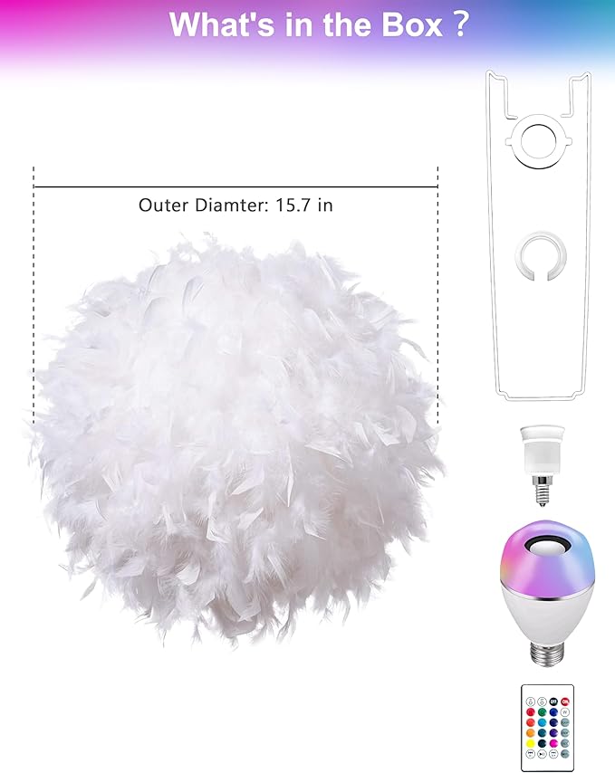 Star Vision Smart Feather Lamp with RGB Light Bulb, Built-in Bluetooth Speaker, Remote & APP Control, Fluffy Girl Room Decor, 600 Lumens, 15.7inches, White