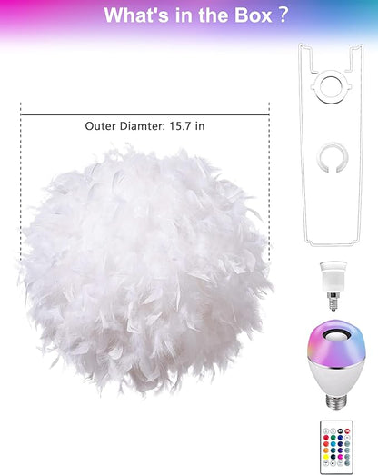 Star Vision Smart Feather Lamp with RGB Light Bulb, Built-in Bluetooth Speaker, Remote & APP Control, Fluffy Girl Room Decor, 600 Lumens, 15.7inches, White