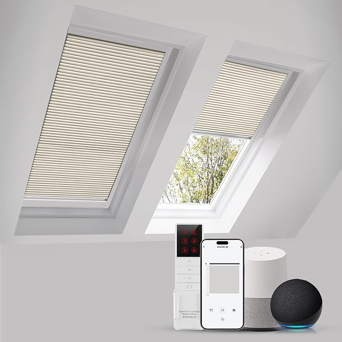 ZSTARR Motorized Skylight Shades Blackout Cellular Honeycomb Electric Blinds with Solar Panel Cordless Rechargeable with Remote for Roof and Slanted Windows Custom Size (Black Out Light Khaki)