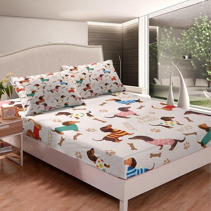 Cute Dachshund Fitted Sheet Twin 2 Pcs,Cartoon Puppy Long Body Soft Microfiber Sheets Breathable Bedding,Dog Footprint Bone Silhouette Bedsheet with Deep Pocket