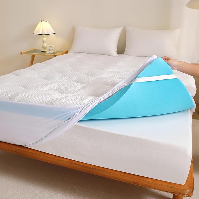 4 inch Dual Layer King Mattress Topper for Back Pain Relief，2 Inch Cooling Gel Memory Foam Plus 2 Inch Pillow Top Mattress Pad Cover 15% Viscose Made from Bamboo, with 6-16 Inch Deep Pocket (King)