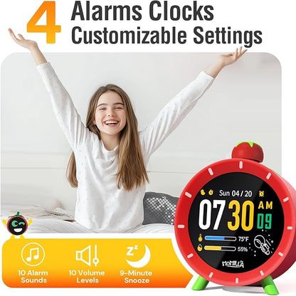 MOMILLA Kids Alarm Clock for Bedrooms, Visual Timer with 2.8" LCD Display 4 Alarms, Digital Clock with White Noice Sound Machine for Heavy Sleepers Kids, Christmas Birthday Gifts for Girls Boys