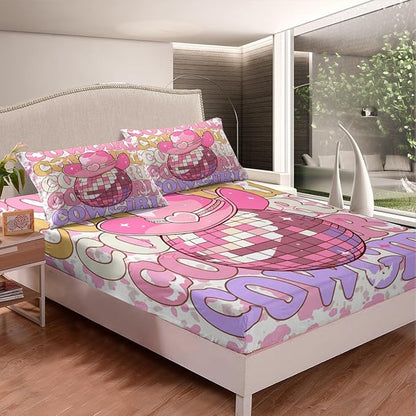 Western Cowgirl Bedding Set Twin Size Pink Cowboy Hat Glitter Planet Ball Bed Set for Teens Kids Sheet Rustic Pink Cowhide Cow Fur Print Bed Cover(1 Fitted Sheet+1 Pillow Case)