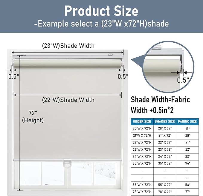AOSKY Cordless Roller Shades Blackout Blinds for Windows Room Darkening Rolled Up Shades with Spring System, UV Protection Window Shades Door Blinds for Home and Office (36.5" W x 72" H, Ivory White)