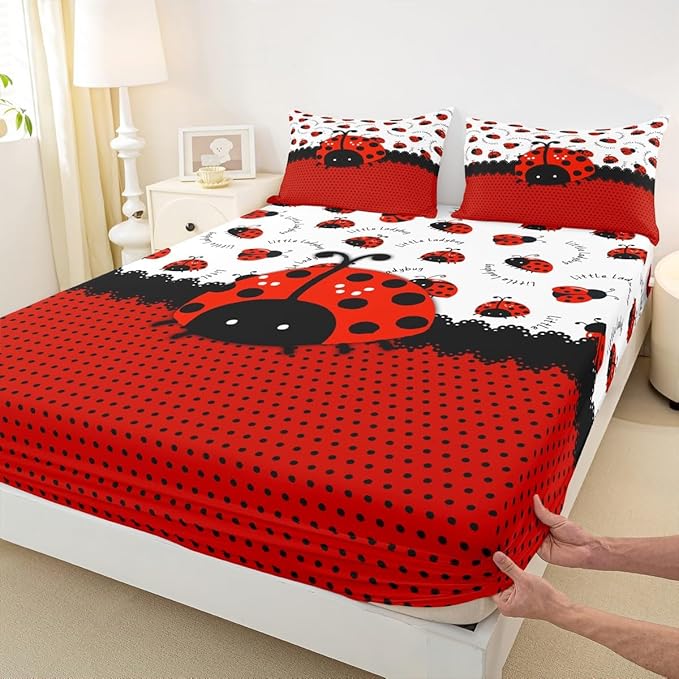 Manfei Ladybug Kids Sheet Queen Size,Red Black Ladybird Beetle Insect Rustic Girls Boys Bedding Set Decor,Geometric Polka Dots Abstract Cartoon Bed Sheet Set 4pcs(Fitted + Flat + 2 Pillowcases)