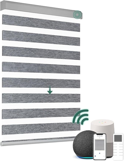 Motorized Zebra Blinds, Cordless Blackout Window Shades with Remote, Custom Dual Layer Smart Roller Shades Compatible with Alexa Google Assistant, Automatic Light Filtering Blinds,Texture Gray