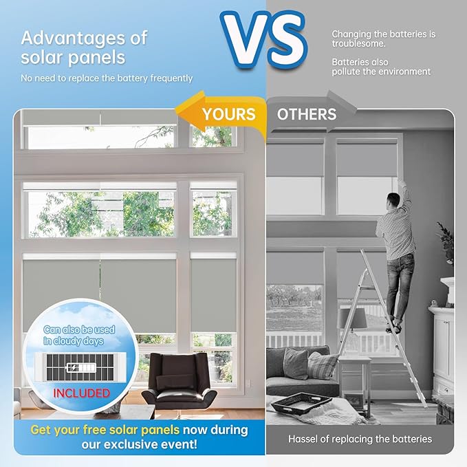 DENFOON Motorized Blinds with Remote,Thermal Electric Blinds【Solar Panel】,Customizable Automatic Roller Shades, Blackout Remote Control Blinds for WindowsUpgrade to Smart Blinds,Grey, 24''W×72''H