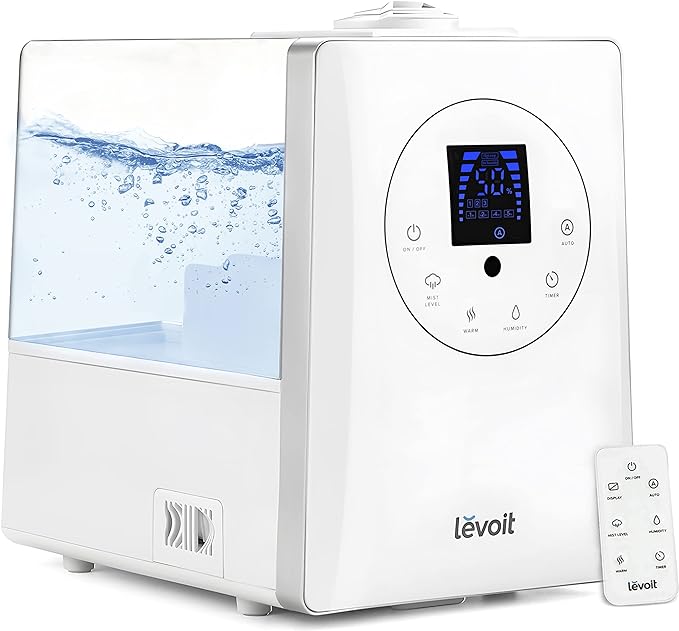 LEVOIT Humidifiers for Bedroom Large Room Home, 6L Warm and Cool Mist Ultrasonic Air Vaporizer for Plants and Whole House, Built-in Humidity Sensor, Essential Oil Diffuser, Whisper Quiet, Timer, White
