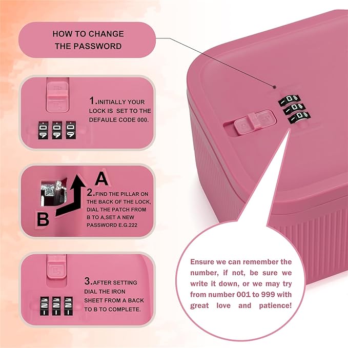 Medication Lock Box,Small Lockable Storage Box with Combination Code for Phone,Medicine Safe,Food, Home,Refrigerator,Office,Personal Items,Travel,Gift,Pink