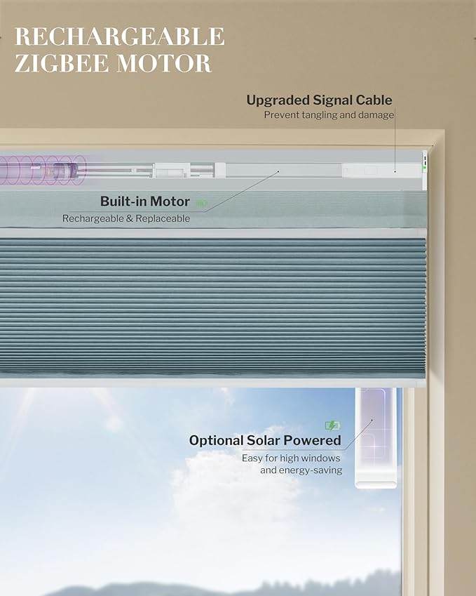 Graywind Motorized Day Night Cellular Shades with Remote, Smart Honeycomb Blinds Compatible with Alexa & Google Home, Custom Size Blackout/Privacy for Bedroom, Living Room & Home Office, Blue