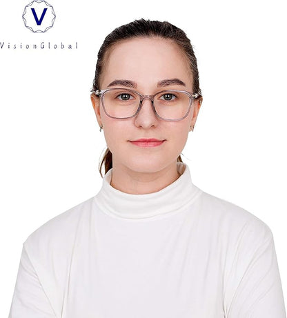 VisionGlobal Blue Light Blocking Glasses for Women/Men, Anti Eyestrain, Computer Reading, TV Glasses, Stylish Square Frame, Anti Glare(Clear Gray,+5.00 Magnification)