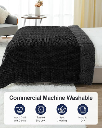 Super Soft Luxury Fleece Sherpa Weighted Blanket 15lbs for Adults, Turtle Shell Fluffy Cozy Warm Queen Size Weighted Throw, Ceramic Beads Washable Heavy Blankets for Couch Bed, Black, 60" x 80"