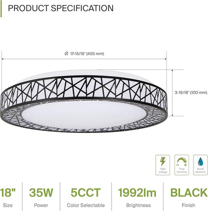 ASD 18 Inch LED Flush Mount Ceiling Light Fixture for Bedroom, 35W 1992LM 5CCT 2700K-5000K, Triac Dimmable Lights, Dining, Living Room, Kitchen Lamps, Modern Home Lighting Fixtures, Black, ETL, 2 Pack
