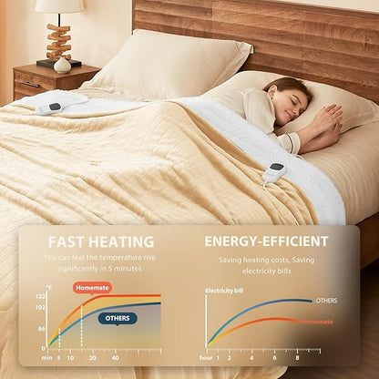 Homemate Electric Heated Blanket Full Size - 72"x84" Heated Bed Blanket Throw with 10 Heating Levels 8 Hours Auto Off Fast Heating Over-Heat Protection-Ultra Soft Flannel ETL Certified, Beige