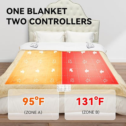 Warm Storm Electric Blanket Queen Size Heated Blanket Anti-Static Flannel & Sherpa 10 Heating Levels 12 Hours Auto Off Machine Washable Beige 84"x 90"