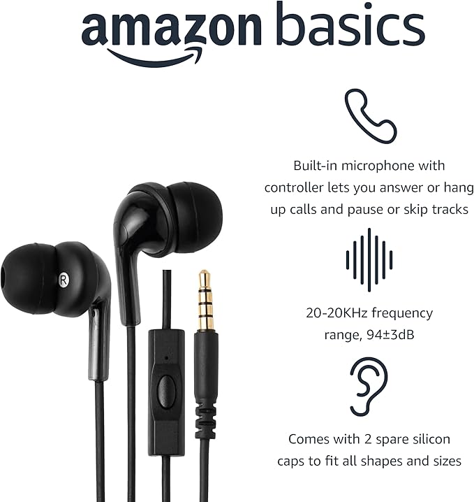 Amazon Basics Wired Earbuds with Microphone, In-Ear Headphones, 3.5mm Jack, High Definition Sound, Secure Fit, 4.2 ft Cable, S/M/L Ear Tips, Black