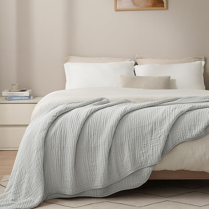 PHF Cooling Muslin Blanket Queen Size 90"x80", 6-Layer Lightweight Gauze Blanket Made from 35% Rayon Derived from Bamboo & 65% Cotton, Breathable & Ultra Soft Cozy for Hot Sleepers, Harbor Mist