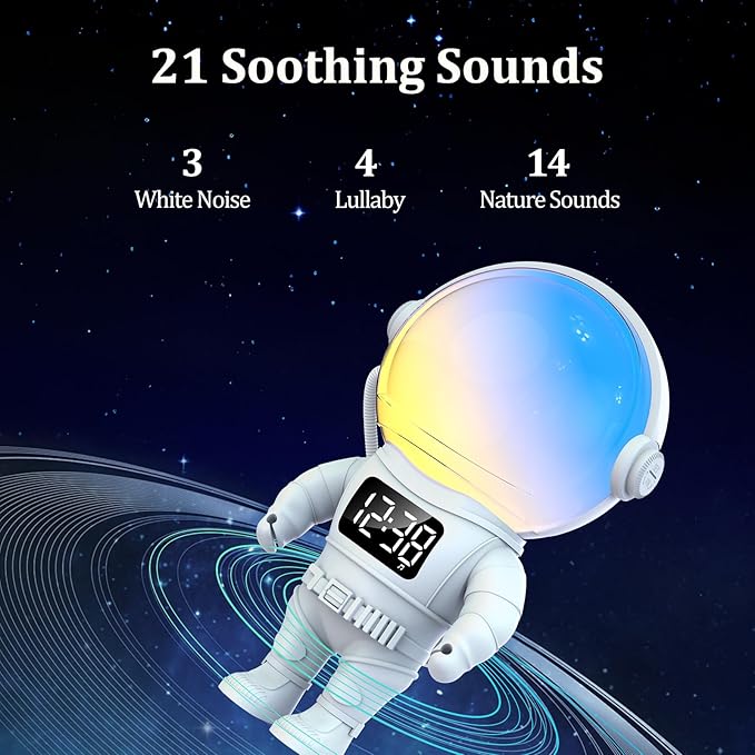 Astronaut Kids Sunrise Alarm Clock & Sound Machine with 22 Colors Night Light, Bluetooth Speaker, Dual Alarms & 7 Wake Up Sounds, 21 Sleep Sounds, Wake Up Light Clock for Bedroom, Room Decor, Gift