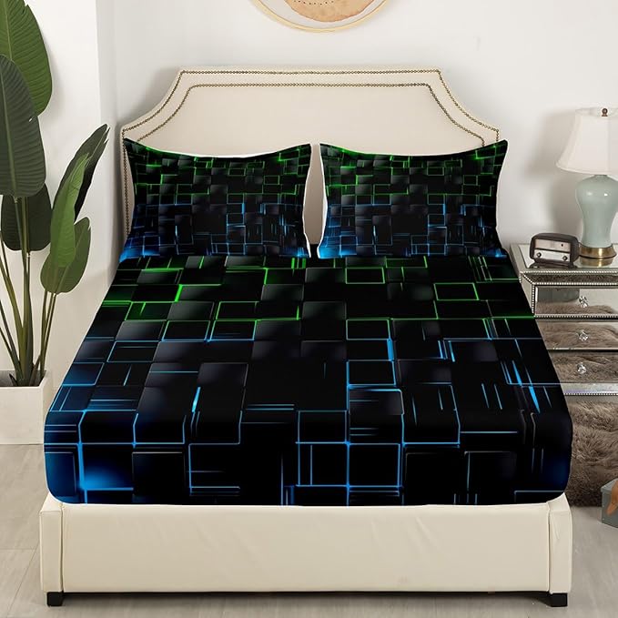 Manfei Green and Blue Sheet Set Full Size, Abstract Geometric Bedding Set for Kids Boy Girls Adults, Black Square Lattice Bed Sheet Set 4pcs with Deep Pocket Fitted Sheet + Flat Sheet + 2 Pillowcases