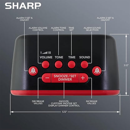 Sharp Big Bang Super Loud Alarm Clock for Heavy Sleepers, 115dB Extreme Wake-Up Alarm, Dual Alarms, 6 Wake Sounds, Large Red LED Display, Dimmer Control & Battery Backup, Bedroom Clock