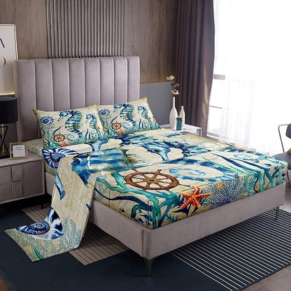 Seahorse Sheet Set Twin Ocean Animal Bed Sheet Set 3pcs with Deep Pocket Fitted Sheet + Flat Sheet + 1 Pillowcase Teal Blue Sea Horse Marine Mediterranean Style Bedding Set for Kids Teens Room Decor