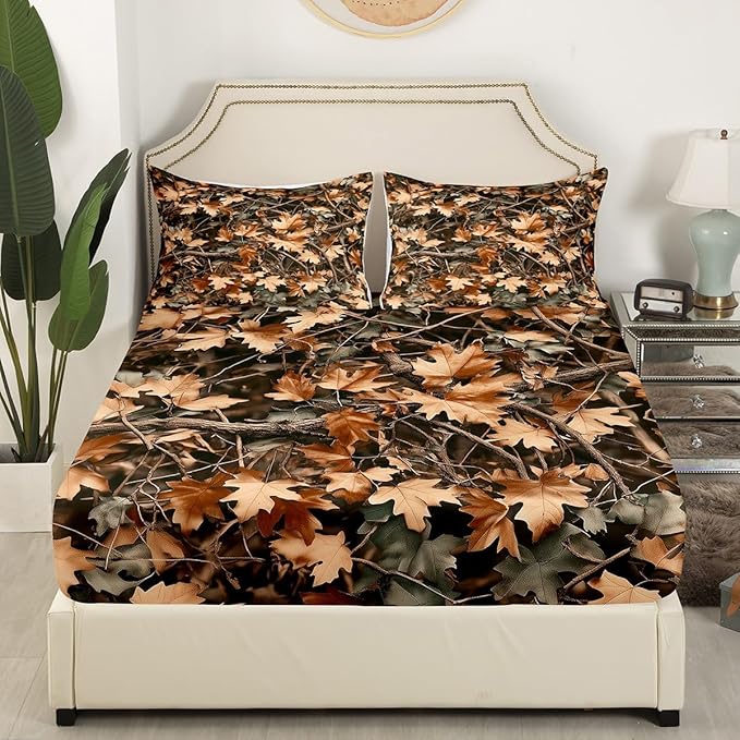 Camoflage Kids Fitted Sheet Queen Size,Jungle Woods Fall Leaves Rustic Nature Bedding Set,Boys Girls Room Decor,Hunter Cabin Adventure Camo Bed Cover,Brown Bed Sheet,2 Pillowcases(No Top Sheet)