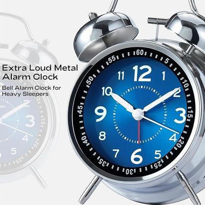 AKCISOT Loud Alarm Clock for Heavy Deep Sleepers, 4.5 Inches Analog Metal Twin Bell Clocks Battery Operated with Backlight for Bedroom Beside, Old Fashioned for Home Desk Decoration(Blue)