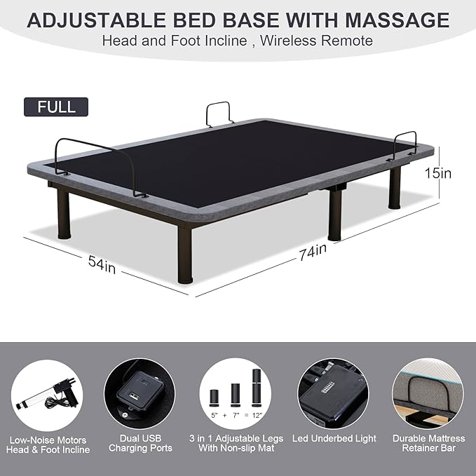 Vipbear Full Adjustable Bed Frame with Mattress, 14 Inch Grey Gel Memory Foam Firm Mattress in Box, Adjustable Bed Base with Separate Head/Foot Lift, Updated Electric Beds with USB,Wireless Remote