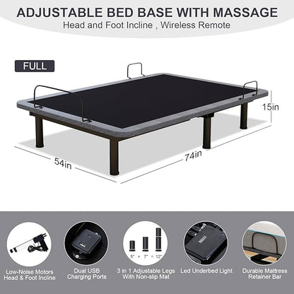 Vipbear Full Adjustable Bed Frame with Mattress, 14 Inch Grey Gel Memory Foam Firm Mattress in Box, Adjustable Bed Base with Separate Head/Foot Lift, Updated Electric Beds with USB,Wireless Remote