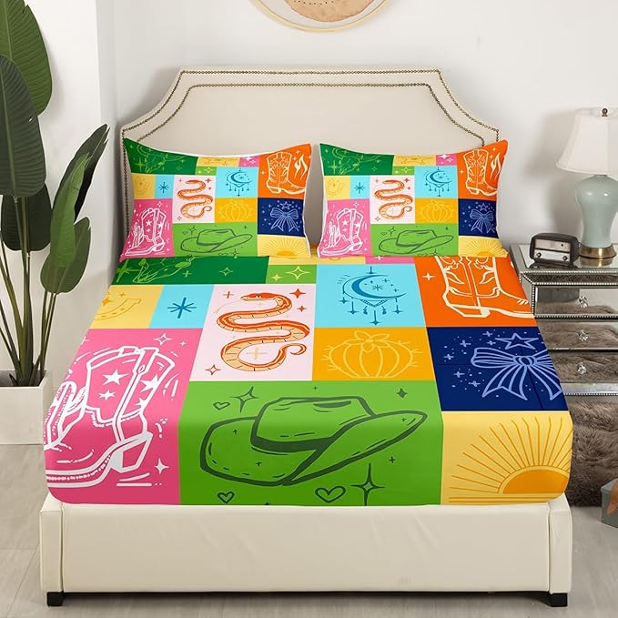 Cowboy Fitted Sheet Set with 2 Pillowcase,American Western Boho Tribal Boots Microfiber Mattress Cover,Gothic Snake Stars Bowknot Colorful Grids Patchwork Bed Cover Queen Size