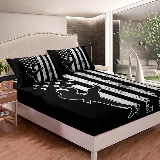 Manfei Taekwondo Fitted Sheet Full Size, Japanese Style Sports Theme Bedding Set 3pcs, American Flag Print Bed Cover with 2 Pillowcases, Kids Boys Teen Room Decor, Soft Bedding(No Top Sheet)