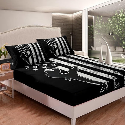 Manfei Taekwondo Fitted Sheet Twin Size, Japanese Style Sports Theme Bedding Set 2pcs, American Flag Print Bed Cover with 1 Pillowcase, Kids Boys Teen Room Decor, Soft Bedding(No Top Sheet)