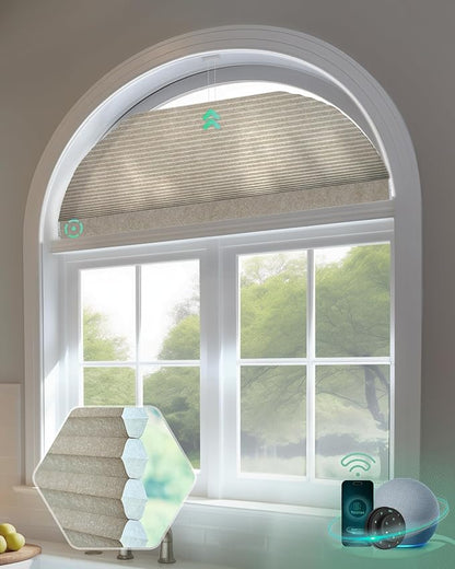 Yoolax Smart Cellular Shades, Motorized Arch Window Honeycomb Blinds Motorized Blinds with Remote Compatible with Alexa, Customized Arched Cellular Shades (Half Shading Texture Light Coffee)