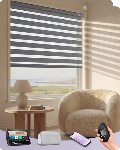 Graywind Motorized Blinds with Remote, Smart Zebra Shades for Windows, Hardwired Roller Blinds Compatible with Apple Homekit, Alexa, Google Home, Custom Size, Classic - Grey