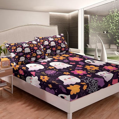 Cute Ghost Bedding Set Full Size,Cartoon Groovy Daisy Flowers Graffiti Fitted Sheet,Halloween Ghosts Spider Web Lovely Sheet Set for Kids Teens Adults Bedroom Decor,2 Pillowcases