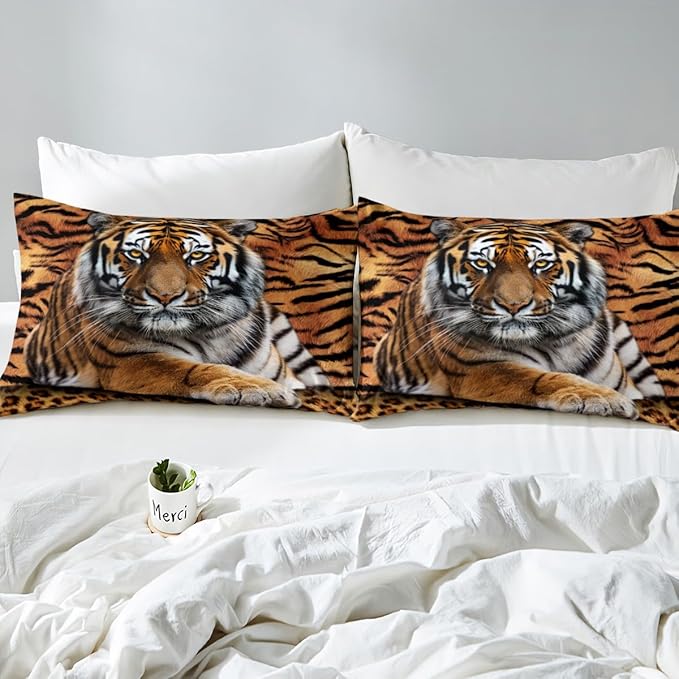 Manfei Tiger 3D Print Sheet Set Full Wild Animals Bedding for Kids Teens Room Decor,Animal Fur Soft Bed Sheet Set 4pcs with Deep Pocket Fitted Sheet + Flat Sheet + 2 Pillowcases