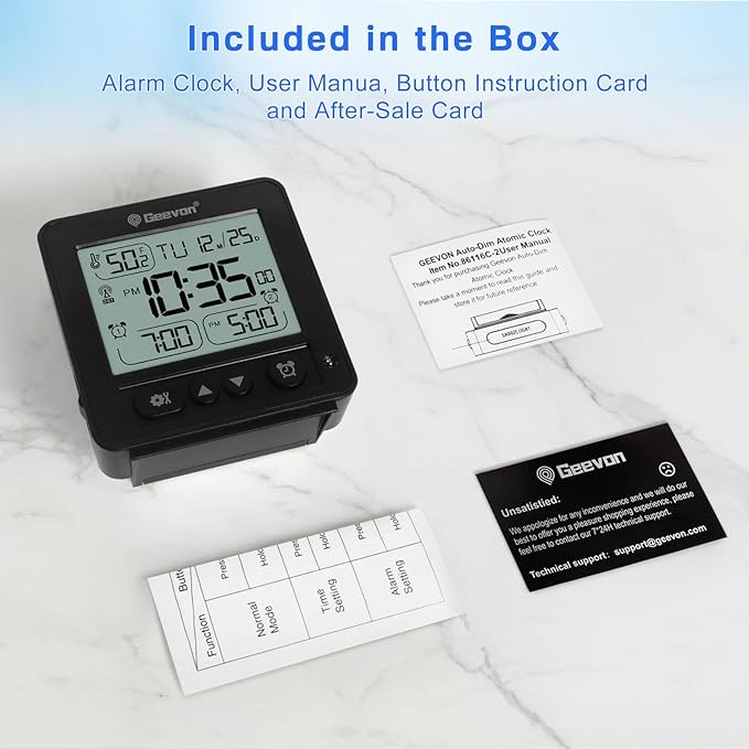 Geevon Small Digital Alarm Clock for Heavy Sleepers, Portable Travel Atomic Clock with Battery Powered, Compact Desk Table Clock with Auto Light Night, Dual Alarms, 8s Backlight for Bedroom, Black